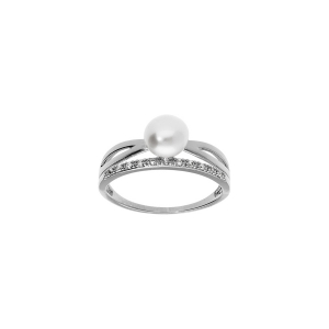 BAGUE ARGENT PLATINÉ CROISÉ PERLE DE CULTURE D'EAU DOUCE ET 1 RAIL OXYDES BLANCS SERTIS