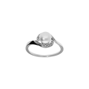 BAGUE ARGENT PLATINÉ PERLE DE CULTURE D'EAU DOUCE AVEC ENTOURAGE OXYDES BLANCS SERTIS