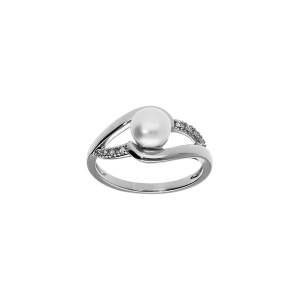 BAGUE ARGENT PLATINÉ PERLE DE CULTURE D'EAU DOUCE AVEC OXYDES BLANCS SERTIS
