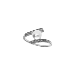 BAGUE ARGENT PLATINÉ PERLE DE CULTURE D'EAU DOUCE AVEC OXYDES BLANCS SERTIS