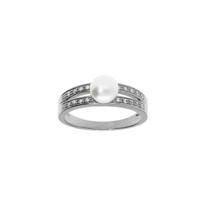BAGUE ARGENT RHODIÉ PERLE DE CULTURE D'EAU DOUCE AVEC 2 RANGS OXYDES BLANCS SERTIS