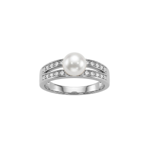 BAGUE ARGENT RHODIÉ PERLE DE CULTURE D'EAU DOUCE AVEC 2 RANGS OXYDES BLANCS SERTIS