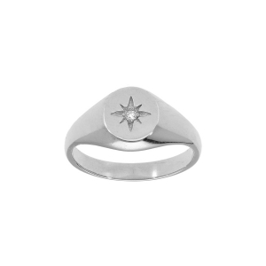 BAGUE ARGENT RHODIÉ FORME CHEVALIERE OVALE ETOILE OXYDE BLANC