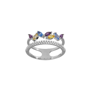 BAGUE ARGENT RHODIÉ DOUBLE RANG OXYDES VIOLET BLEU ET JAUNE