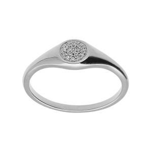 BAGUE ARGENT PLATINÉ PETITE CHEVALIERE PAVÉ FORME ROND OXYDES BLANCS SERTIS