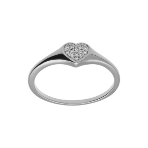 BAGUE ARGENT PLATINÉ PETITE CHEVALIERE COEUR PAVÉ OXYDES BLANCS SERTIS
