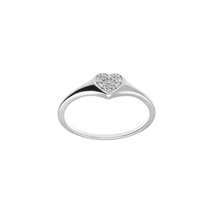 BAGUE ARGENT PLATINÉ PETITE CHEVALIERE COEUR PAVÉ OXYDES BLANCS SERTIS