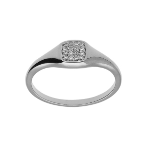 BAGUE ARGENT PLATINÉ PETITE CHEVALIERE PAVÉ FORME CARRÉ OXYDES BLANCS SERTIS
