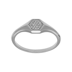 BAGUE ARGENT PLATINÉ PETITE CHEVALIERE FORME GEOMETRIQUE OXYDES BLANCS SERTIS