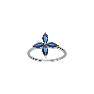 BAGUE ARGENT RHODIÉ FLEUR VERRE BLEU FONCÉ