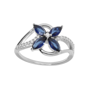 BAGUE ARGENT RHODIÉ CROISÉES OXYDES BLANCS SERTIS FLEUR VERRE BLEU FONCÉ