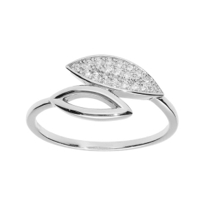 BAGUE ARGENT RHODIÉ FEUILLE TOI ET MOI EVIDÉE ET PAVAGE OXYDES BLANCS