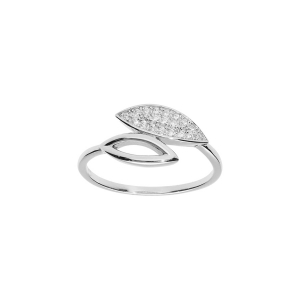 BAGUE ARGENT RHODIÉ FEUILLE TOI ET MOI EVIDÉE ET PAVAGE OXYDES BLANCS