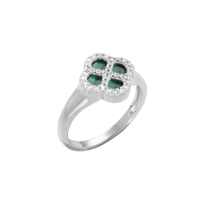 BAGUE ARGENT RHODIÉ TREFLE MALACHITE CONTOUR OXYDES BLANCS