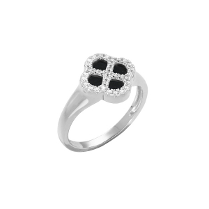 BAGUE ARGENT RHODIÉ TREFLE AGATE NOIR VÉRITABLE CONTOUR OXYDES BLANCS