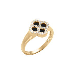 BAGUE ARGENT DORÉ TREFLE AGATE NOIR VÉRITABLE CONTOUR OXYDES BLANCS