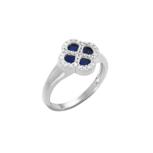 BAGUE ARGENT RHODIÉ TREFLE VERRE BLEU FONCÉ CONTOUR OXYDES BLANCS