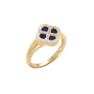 BAGUE ARGENT DORÉ TREFLE VERRE BLEU FONCÉ CONTOUR OXYDES BLANCS