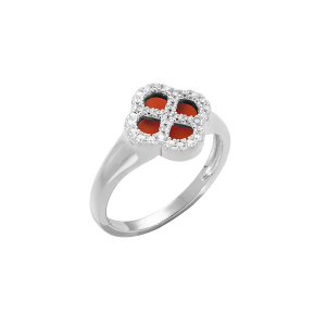 BAGUE ARGENT RHODIÉ TREFLE AGATE ROUGE VÉRITABLE CONTOUR OXYDES BLANCS