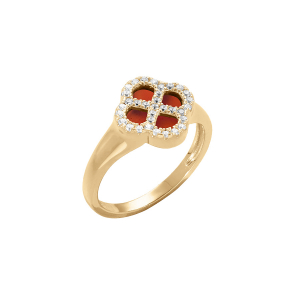 BAGUE ARGENT DORÉ TREFLE AGATE ROUGE VÉRITABLE CONTOUR OXYDES BLANCS
