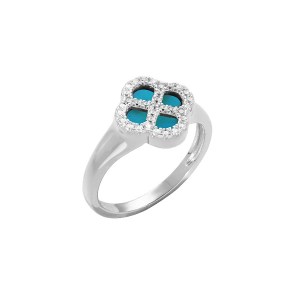 BAGUE ARGENT RHODIÉ TREFLE TURQUOISE IMITATION CONTOUR OXYDES BLANCS