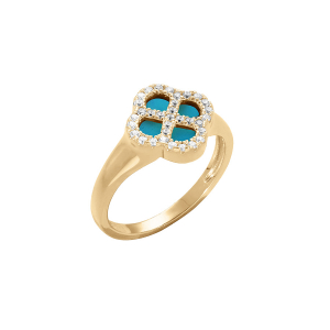 BAGUE ARGENT DORÉ TREFLE TURQUOISE IMITATION CONTOUR OXYDES BLANCS