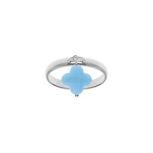 BAGUE ARGENT RHODIÉ AVEC TREFLE EN VERRE FACETTÉ BLEU CIEL