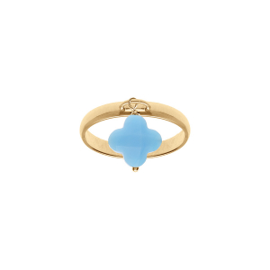 BAGUE ARGENT DORÉ AVEC TREFLE EN VERRE FACETTÉ BLEU CIEL