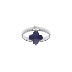 BAGUE ARGENT RHODIÉ AVEC TREFLE EN VERRE FACETTÉ BLEU MARINE