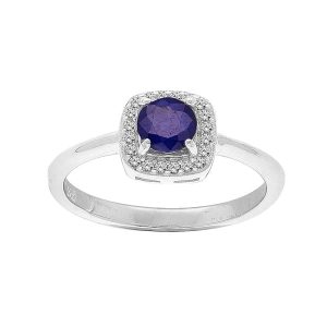 BAGUE ARGENT RHODIÉ SAPHIR VÉRITABLE CONTOUR FORME CARRÉ TOPAZES BLANCHES SERTIS