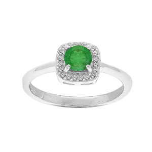 BAGUE ARGENT RHODIÉ EMERAUDE VÉRITABLE ET CONTOUR FORME CARRÉ TOPAZES BLANCHES SERTIS