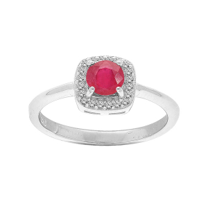 BAGUE ARGENT RHODIÉ RUBIS VÉRITABLE ET CONTOUR FORME CARRÉ TOPAZES BLANCHES SERTIS