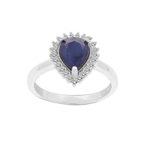 BAGUE ARGENT RHODIÉ SAPHIR VÉRITABLE FORME GOUTTE 8X6 CONTOUR TOPAZES BLANCHES SERTIES