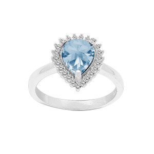 BAGUE ARGENT RHODIÉ TOPAZE BLEUE VÉRITABLE FORME GOUTTE 8X6 CONTOUR OXYDES BLANCS SERTIS