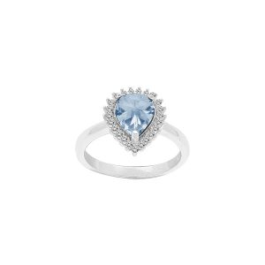 BAGUE ARGENT RHODIÉ TOPAZE BLEUE VÉRITABLE FORME GOUTTE 8X6 CONTOUR OXYDES BLANCS SERTIS