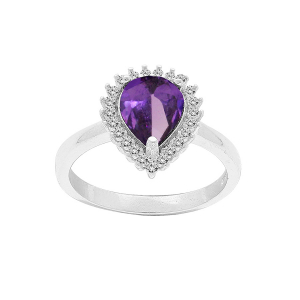 BAGUE ARGENT RHODIÉ AMÉTHYSTE VÉRITABLE FORME GOUTTE 8X6 CONTOUR OXYDES BLANCS SERTIS