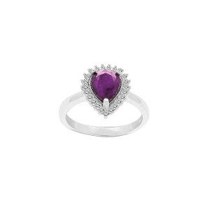 BAGUE ARGENT RHODIÉ AMÉTHYSTE VÉRITABLE FORME GOUTTE 8X6 CONTOUR OXYDES BLANCS SERTIS