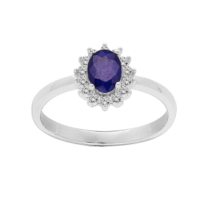 BAGUE ARGENT RHODIÉ SAPHIR VÉRITABLE CONTOUR TOPAZES BLANCHES SERTIES