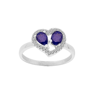 BAGUE ARGENT RHODIÉ FORME COEUR 2 SAPHIRS VÉRITABLES CONTOUR TOPAZES BLANCHES SERTIES