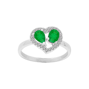 BAGUE ARGENT RHODIÉ FORME COEUR 2 EMERAUDES VÉRITABLES CONTOUR TOPAZES BLANCHES SERTIES