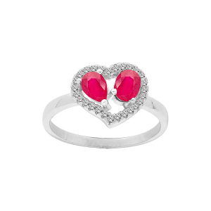BAGUE ARGENT RHODIÉ FORME COEUR 2 RUBIS VÉRITABLES CONTOUR TOPAZES BLANCHES SERTIES