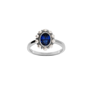 BAGUE ARGENT RHODIÉ OXYDE CENTRALE BLEU CONTOUR PERLE BLANCHE IMITATION