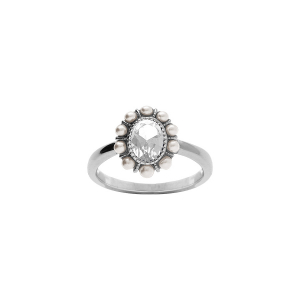 BAGUE ARGENT RHODIÉ OXYDE CENTRALE BLANC CONTOUR PERLES BLANCHE IMITATION