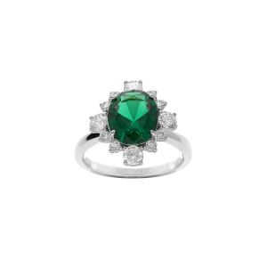 BAGUE ARGENT RHODIÉ OXYDE CENTRALE VERT CONTOUR OXYDES BLANCS SERTIS