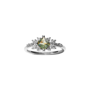 BAGUE ARGENT RHODIÉ OXYDE SERTI FORME CARRÉ VERT ET ENTOURAGE BLANCS