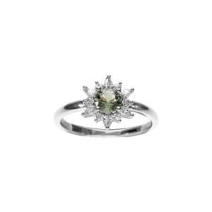 BAGUE ARGENT RHODIÉ FLEUR OXYDE VERT ET CONTOUR OXYDES BLANCS
