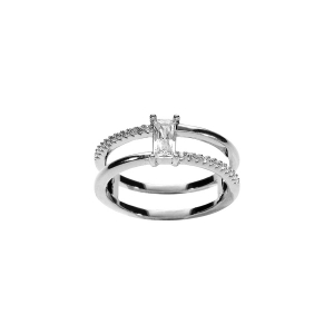 BAGUE ARGENT RHODIÉ DOUBLE RANGÉE RECTANGLE OXYDES BLANCS SERTIS