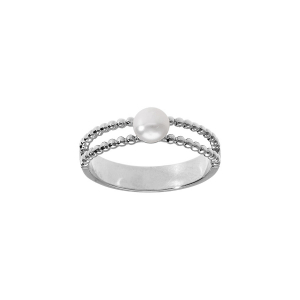 BAGUE ARGENT RHODIÉ DOUBLE RANGÉE BOULES ET PERLE DE CULTURE D'EAU DOUCE BLANCHE