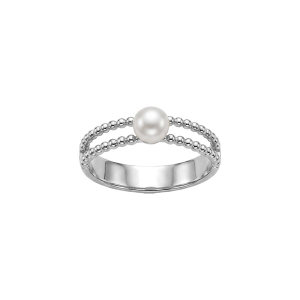 BAGUE ARGENT RHODIÉ DOUBLE RANGÉE BOULES ET PERLE DE CULTURE D'EAU DOUCE BLANCHE