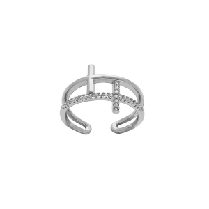 BAGUE ARGENT RHODIÉ 2 RANGS CROIX 1 LISSE ET 1 AVEC OXYDES BLANCS SERTIS